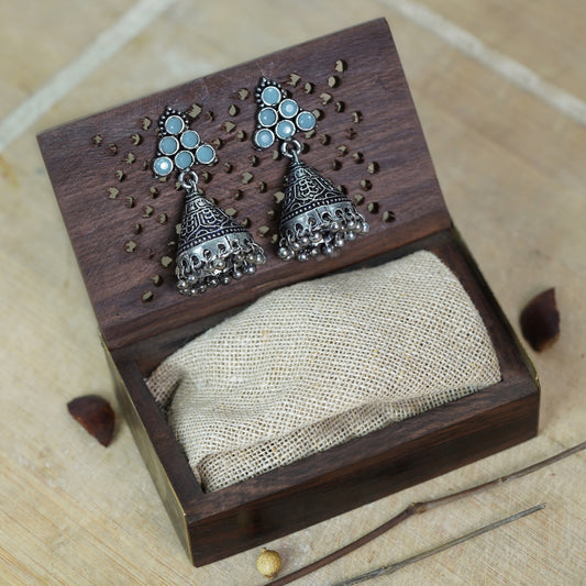 Mint Stone Studded Conical Oxidized Earrings With Hanging Jhumki