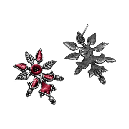 Red Meenakari Oxidised Leaf Earrings