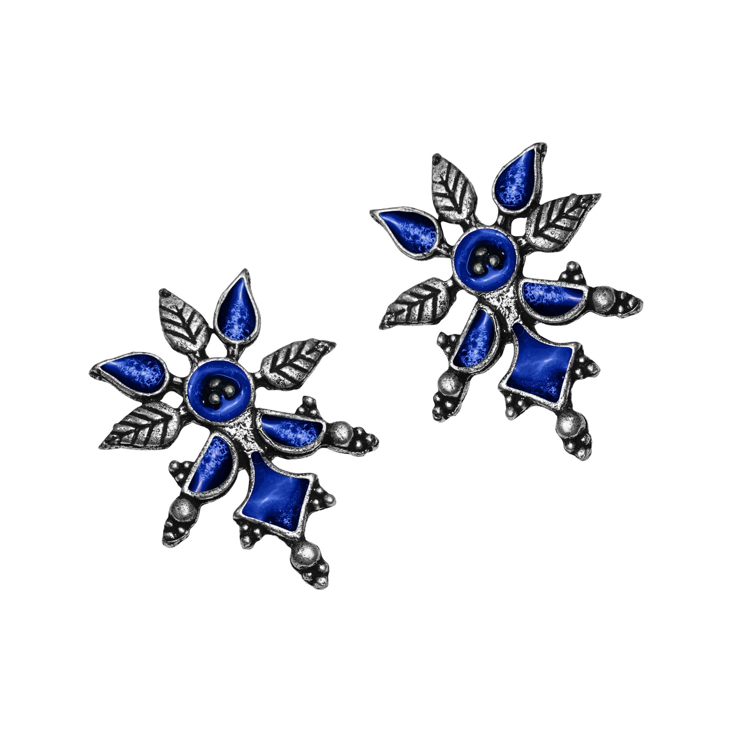 Blue Meenakari Oxidised Leaf Earrings