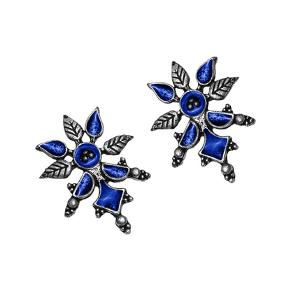Blue Meenakari Oxidised Leaf Earrings