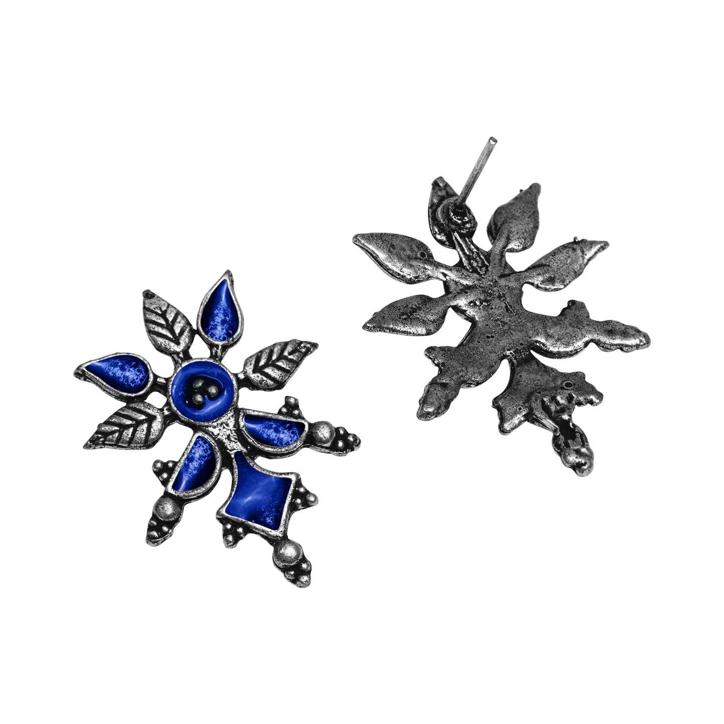 Blue Meenakari Oxidised Leaf Earrings