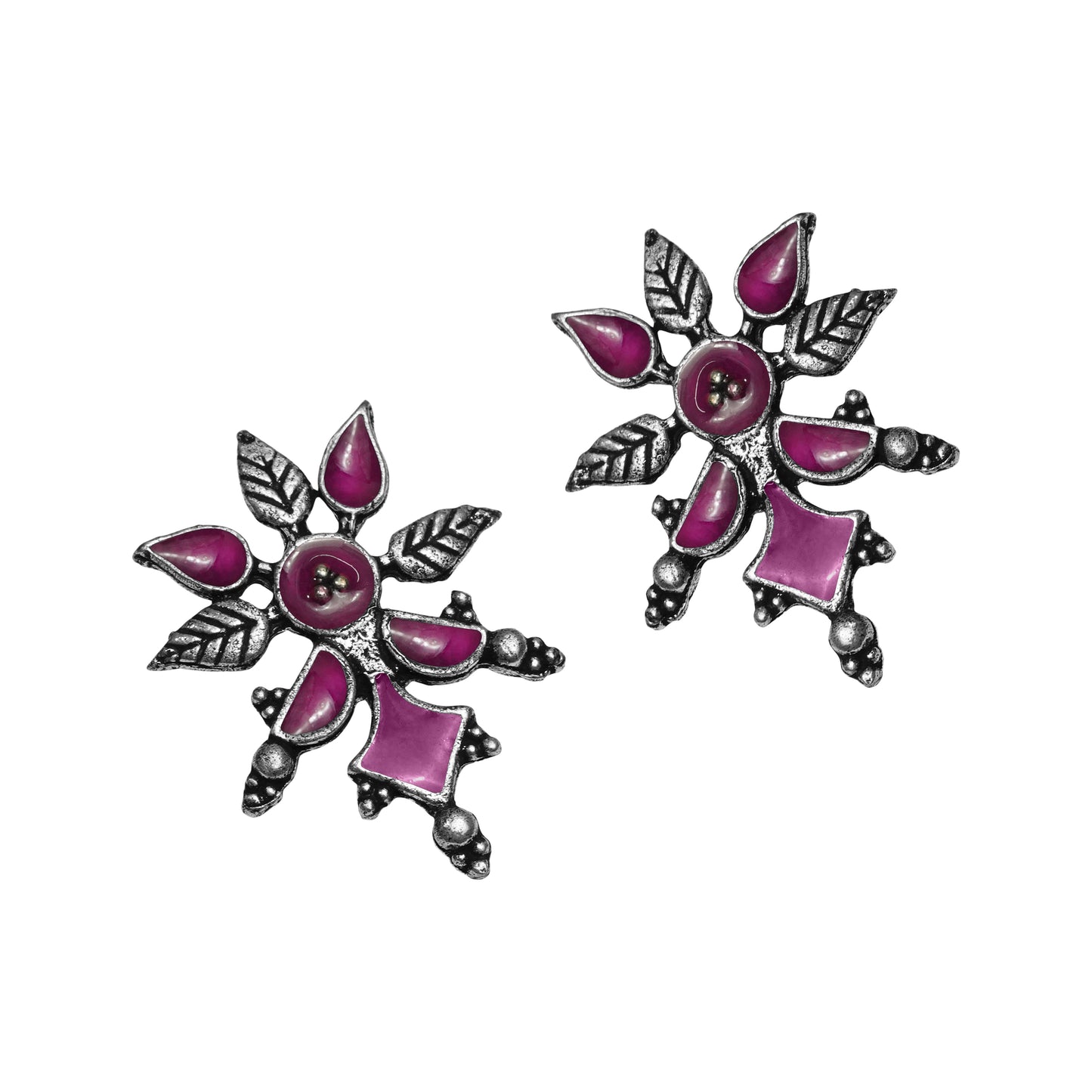 Pink Meenakari Oxidised Leaf Earrings