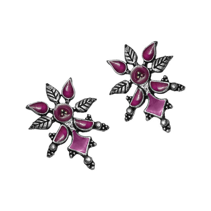 Pink Meenakari Oxidised Leaf Earrings