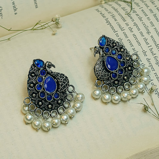 Peacock Profile Oxidised Studs with Hanging Pearls - Blue