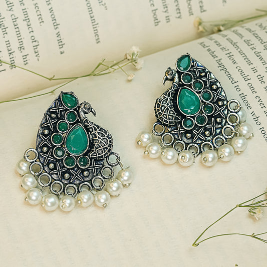 Peacock Profile Oxidised Studs with Hanging Pearls - Green