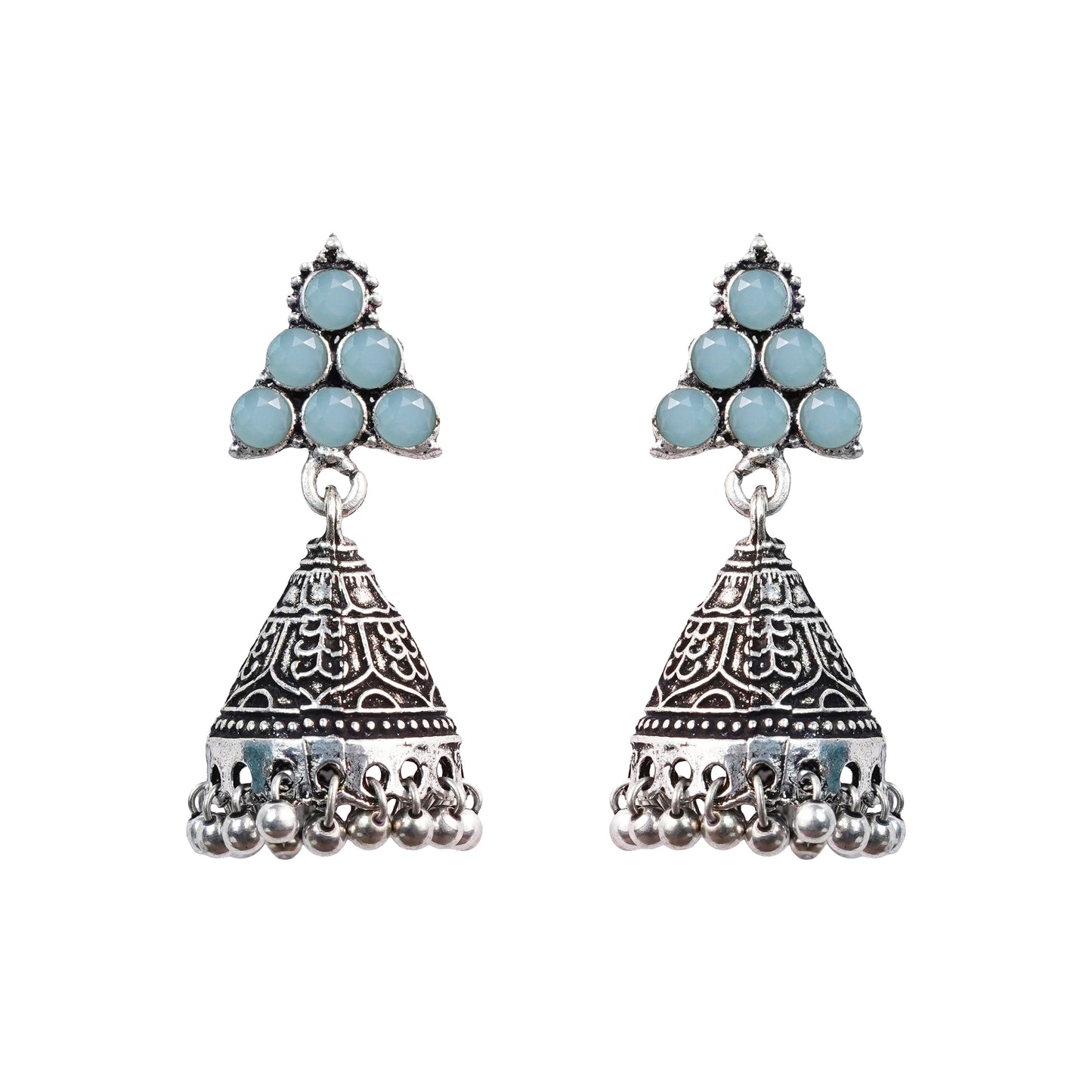 Mint Stone Studded Conical Oxidized Earrings With Hanging Jhumki