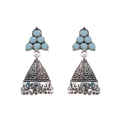 Mint Stone Studded Conical Oxidized Earrings With Hanging Jhumki