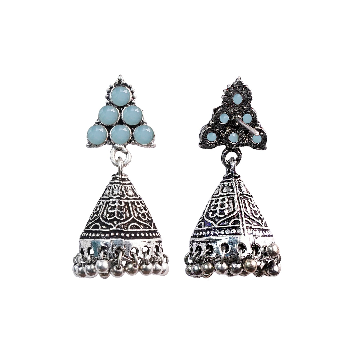 Mint Stone Studded Conical Oxidized Earrings With Hanging Jhumki