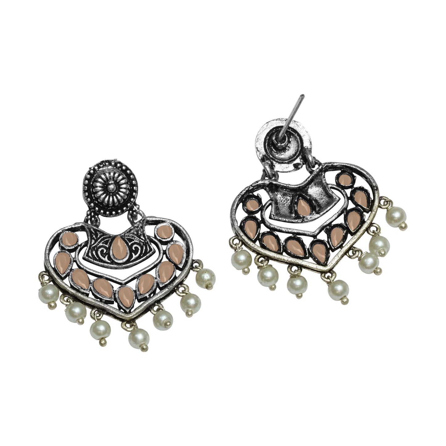 Light Orangish Stone Studded Heart Shaped Beautiful Earrings With Hanging Pearls