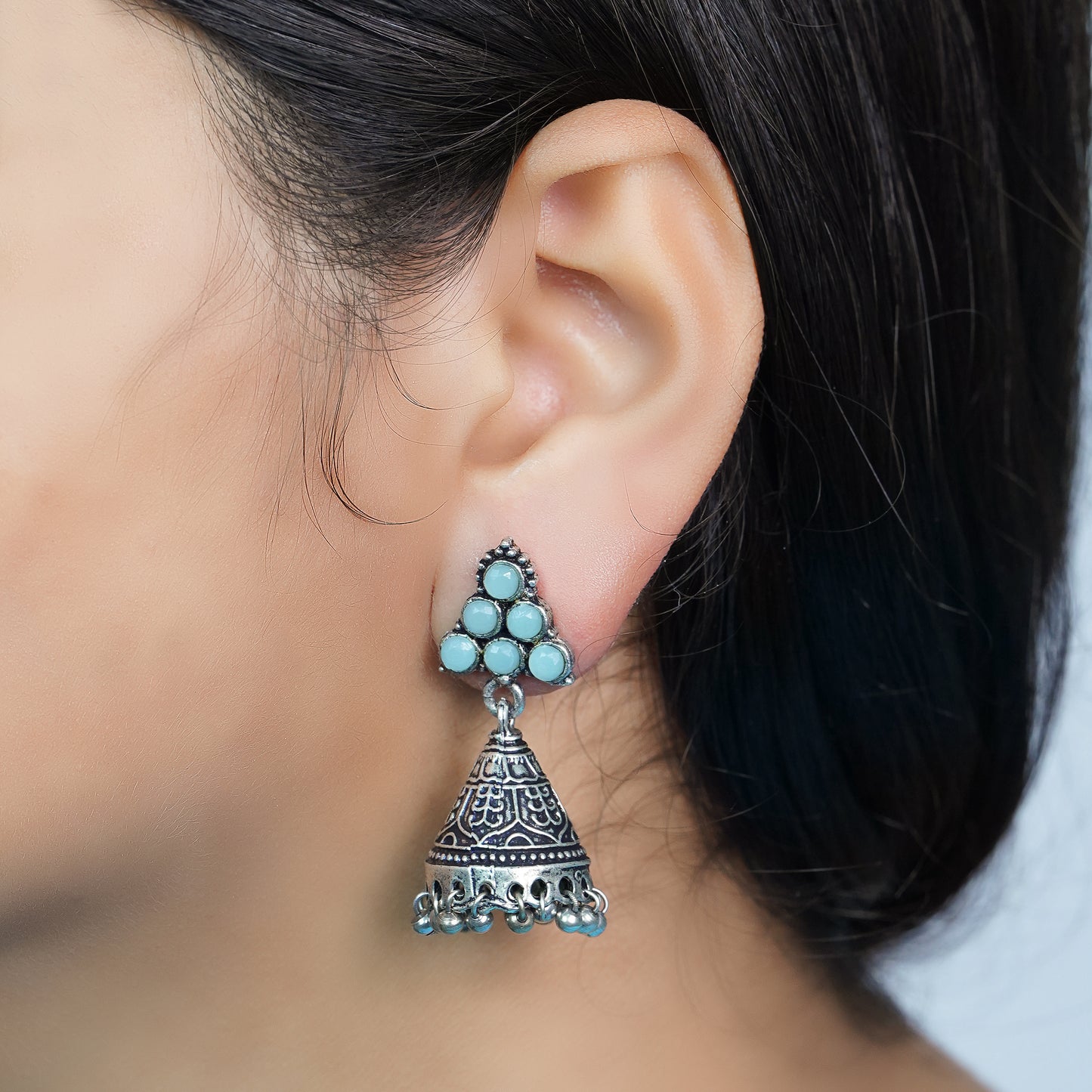 Mint Stone Studded Conical Oxidized Earrings With Hanging Jhumki