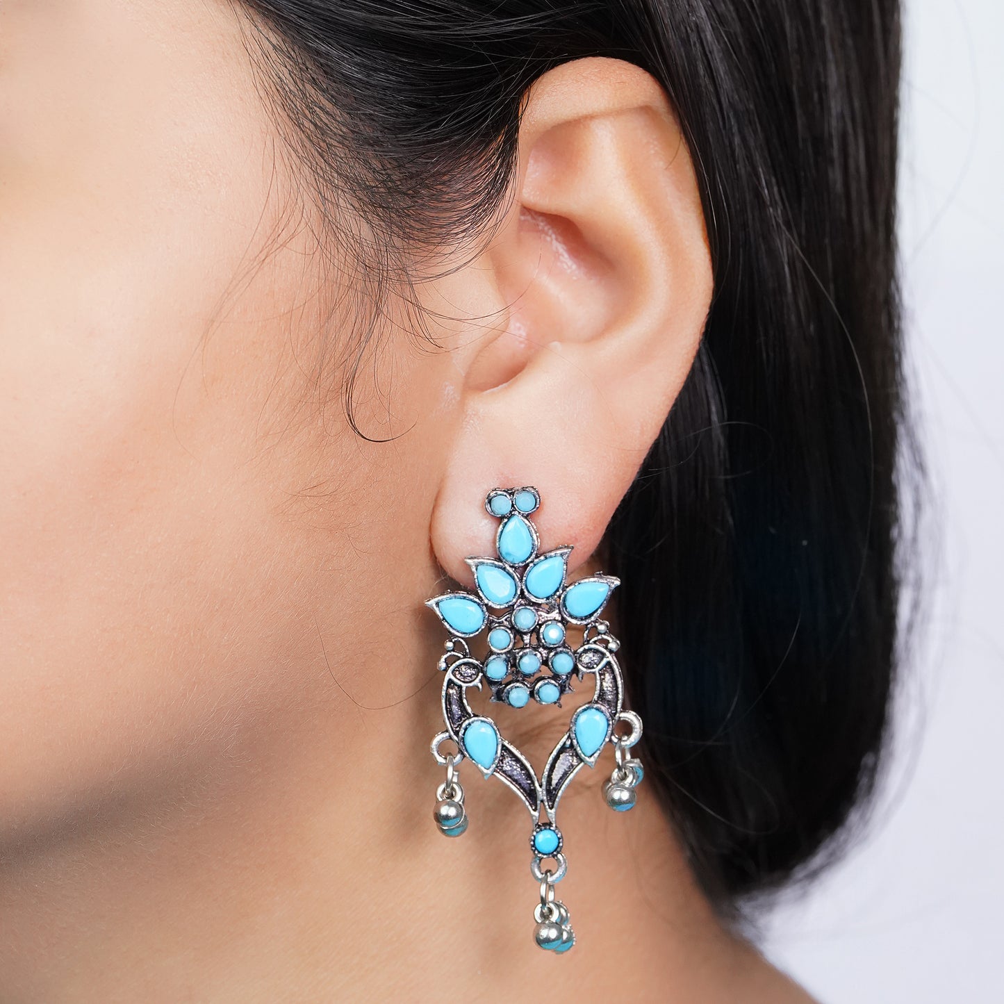 Sky Blue Stone Studded Oxidised Dangler Earrings