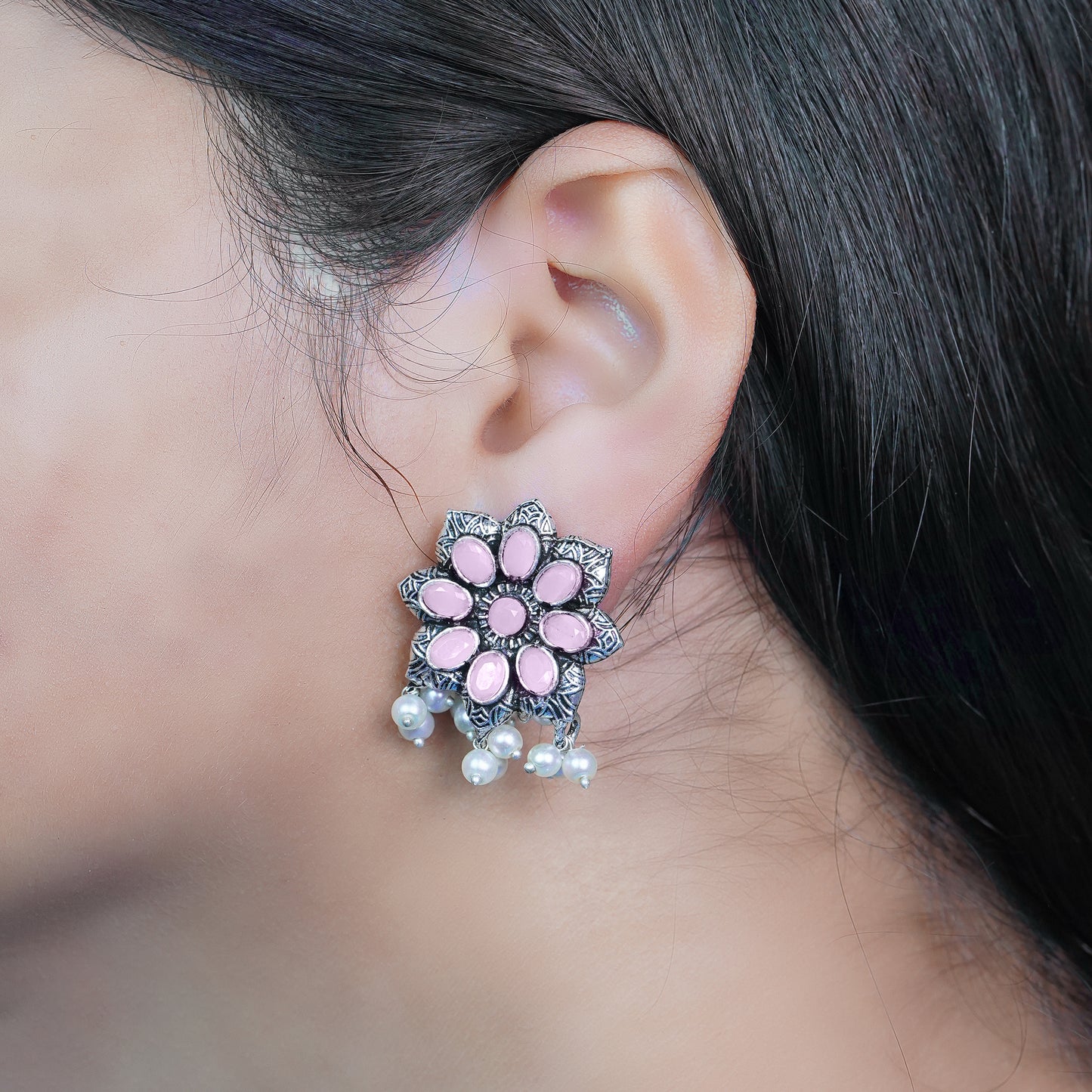 Baby Pink Stone Stone Studded Oxidised Earrings With Hanging Pearls