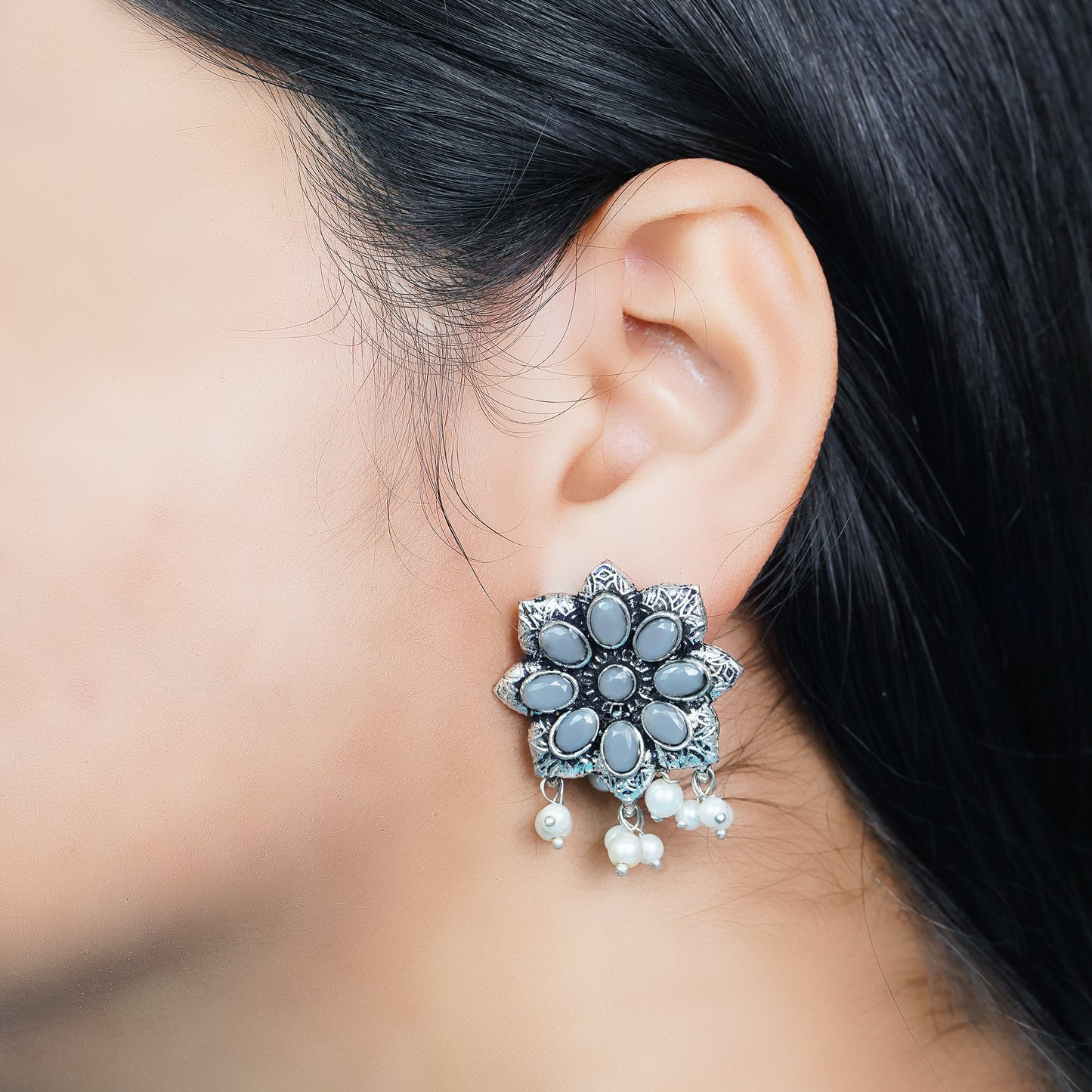 Grey Stone Studded Oxidised Earrings With Hanging Pearls