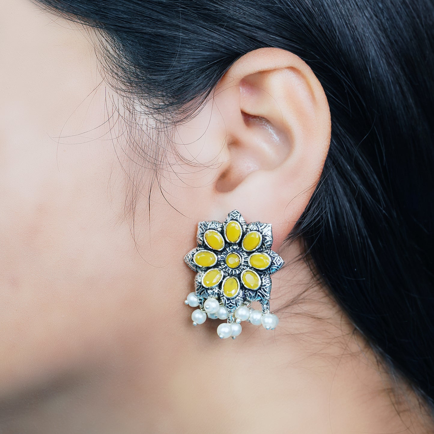 Yellow Stone Studded Oxidised Earrings With Hanging Pearls