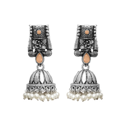 Light Orangish Stone Studded German Silver Earrings With Brass Jhumki