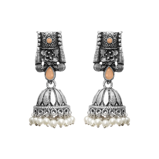 Light Orangish Stone Studded German Silver Earrings With Brass Jhumki
