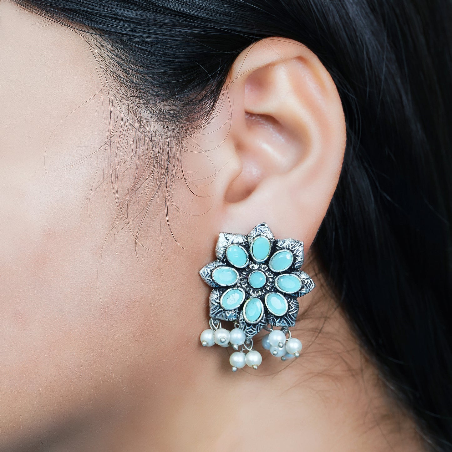 Mint Stone Studded Oxidised Earrings With Hanging Pearls