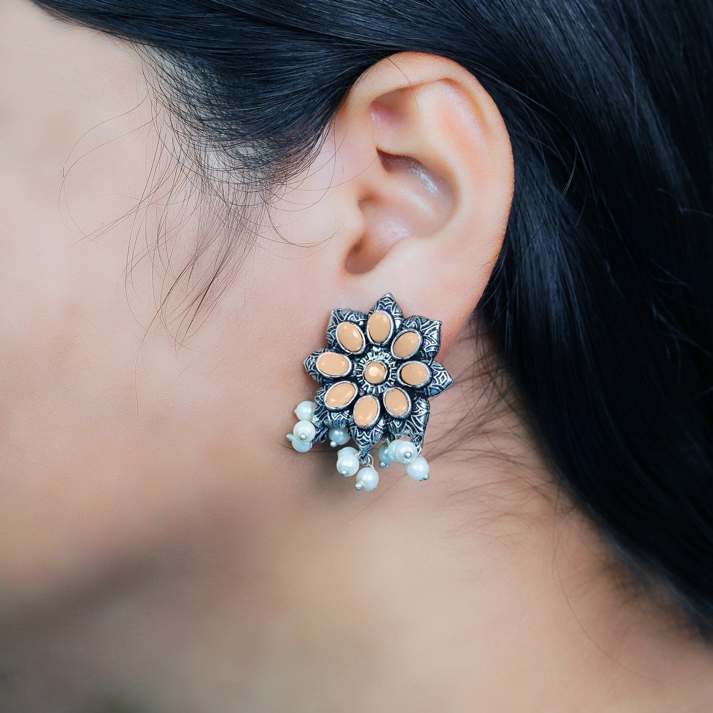 Light Orangish Stone Studded Oxidised Earrings With Hanging Pearls