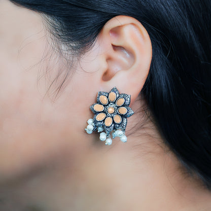 Light Orangish Stone Studded Oxidised Earrings With Hanging Pearls