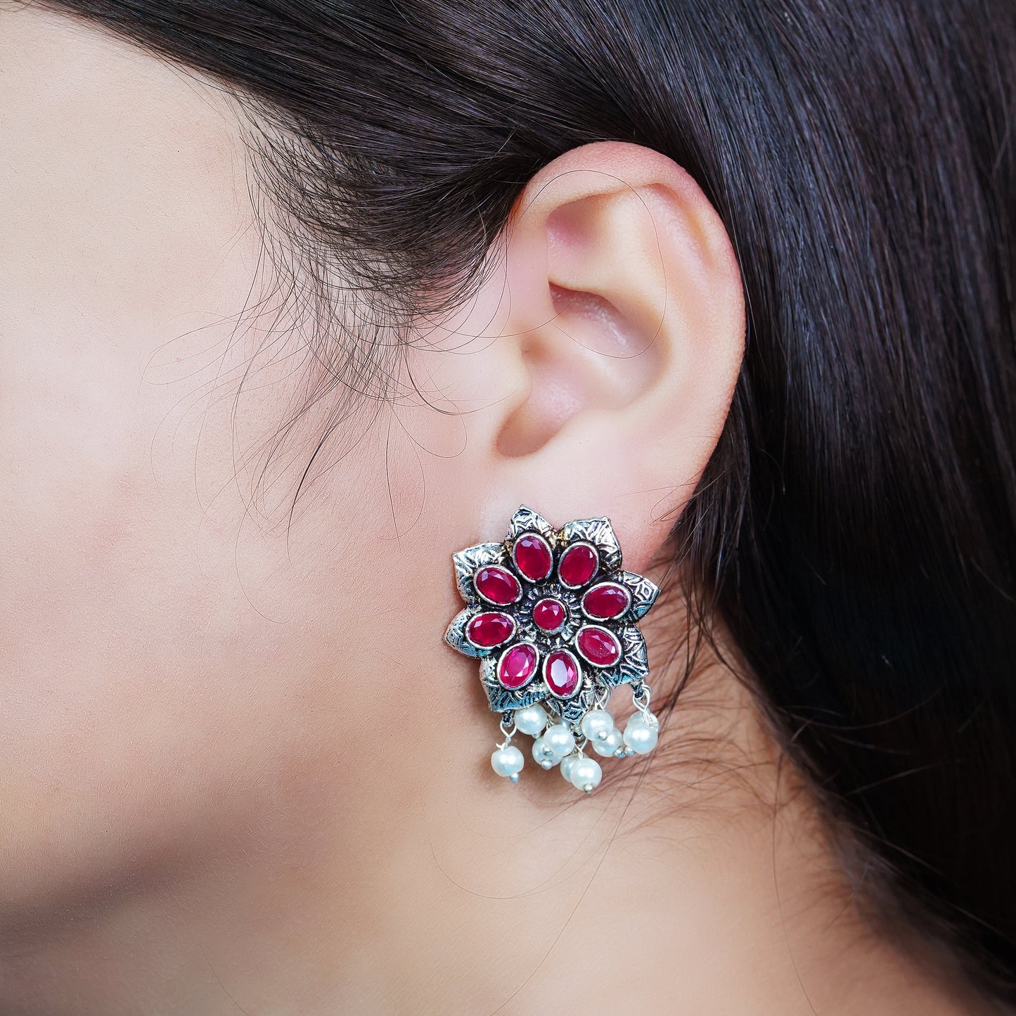 Red Stone Studded Oxidised Earrings With Hanging Pearls