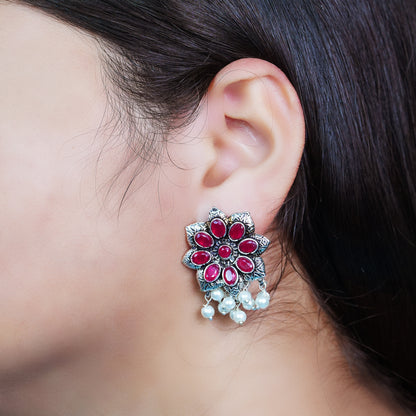 Red Stone Studded Oxidised Earrings With Hanging Pearls
