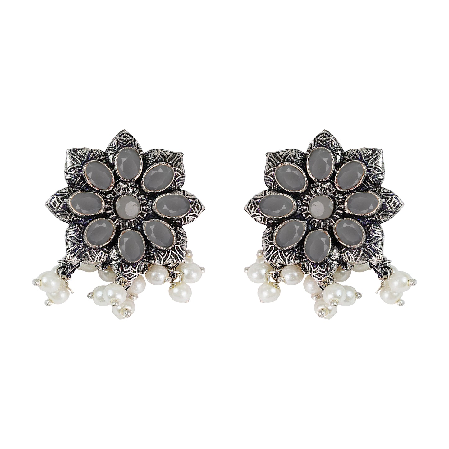 Grey Stone Studded Oxidised Earrings With Hanging Pearls