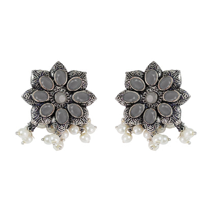Grey Stone Studded Oxidised Earrings With Hanging Pearls