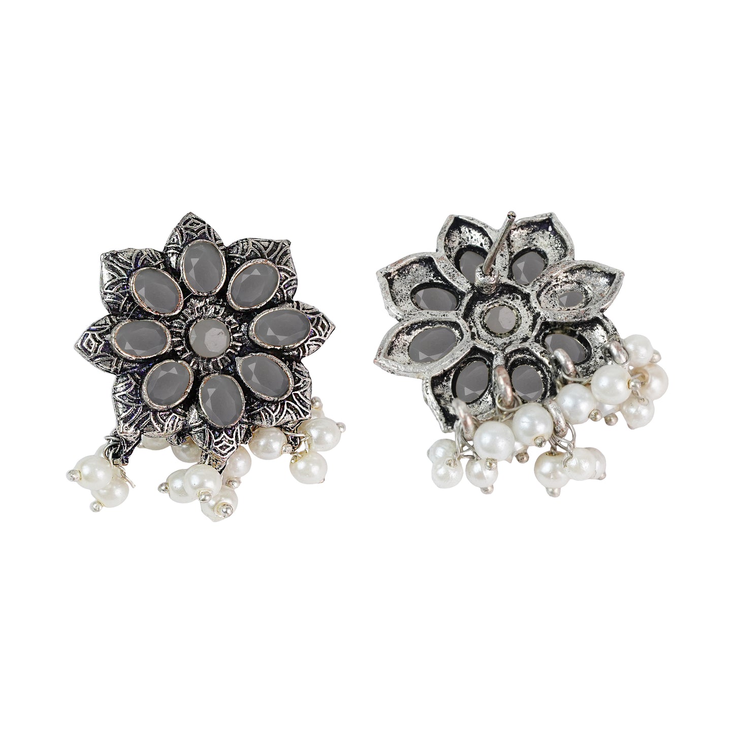 Grey Stone Studded Oxidised Earrings With Hanging Pearls