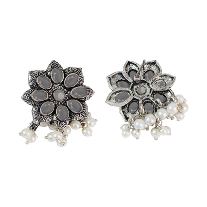 Grey Stone Studded Oxidised Earrings With Hanging Pearls