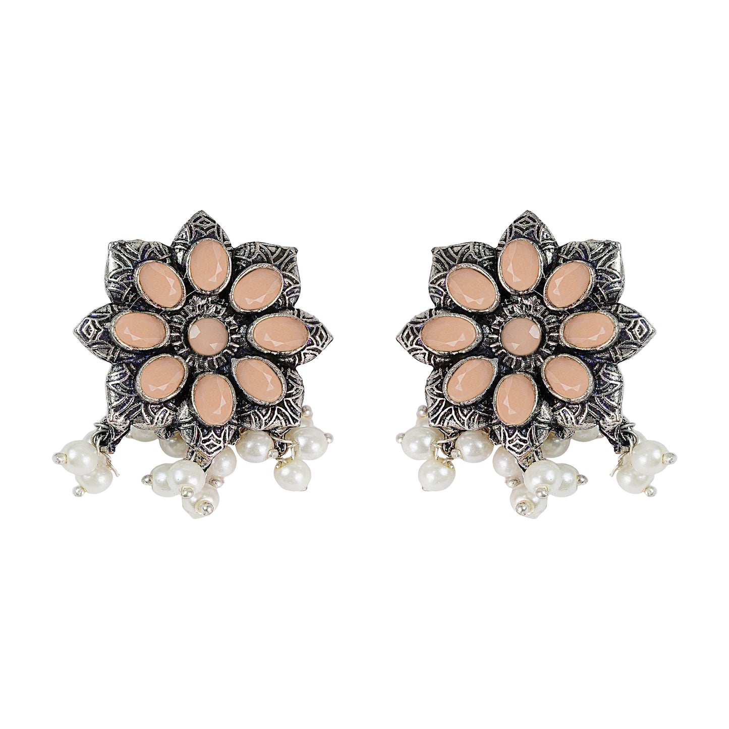 Light Orangish Stone Studded Oxidised Earrings With Hanging Pearls