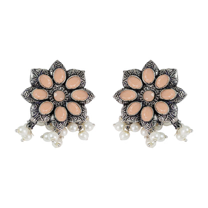 Light Orangish Stone Studded Oxidised Earrings With Hanging Pearls