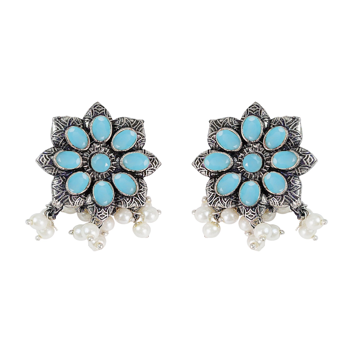 Mint Stone Studded Oxidised Earrings With Hanging Pearls