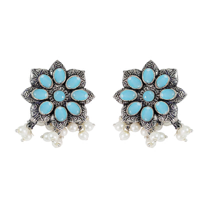 Mint Stone Studded Oxidised Earrings With Hanging Pearls