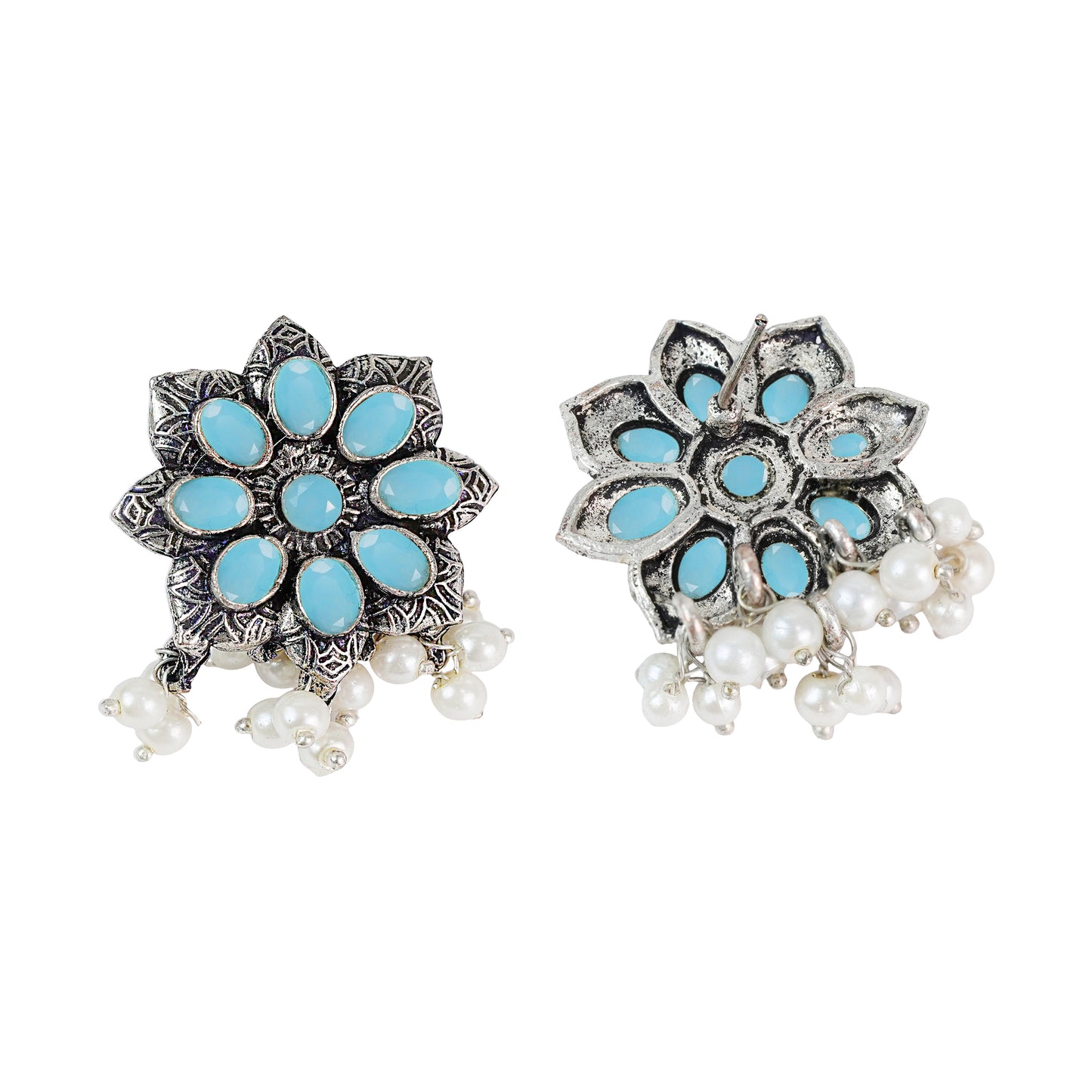 Mint Stone Studded Oxidised Earrings With Hanging Pearls
