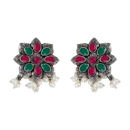 Multicolored Stone Studded Oxidised Earrings With Hanging Pearls