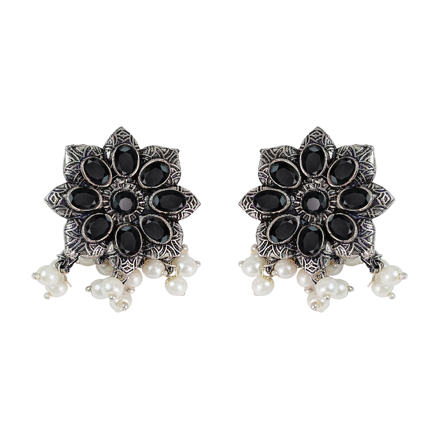 Black Stone Studded Oxidised Earrings With Hanging Pearls