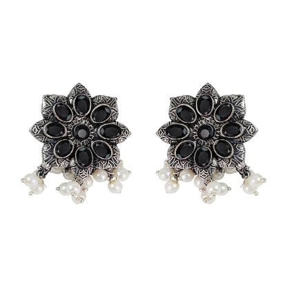 Black Stone Studded Oxidised Earrings With Hanging Pearls