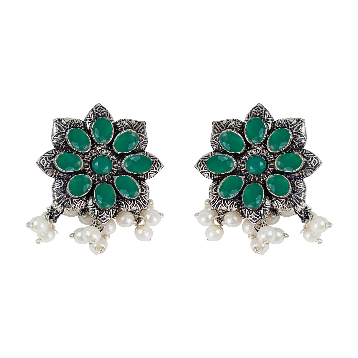 Green Stone Studded Oxidised Earrings With Hanging Pearls
