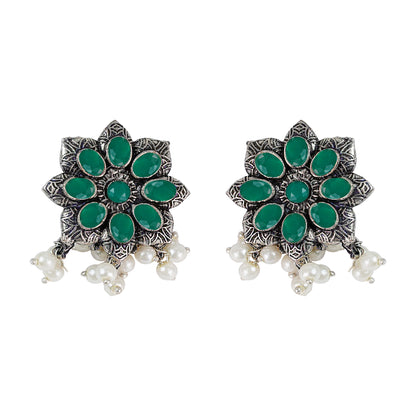 Green Stone Studded Oxidised Earrings With Hanging Pearls