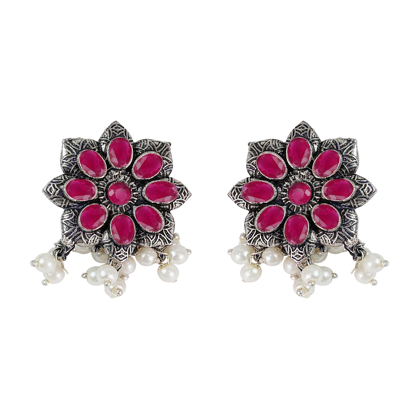 Red Stone Studded Oxidised Earrings With Hanging Pearls