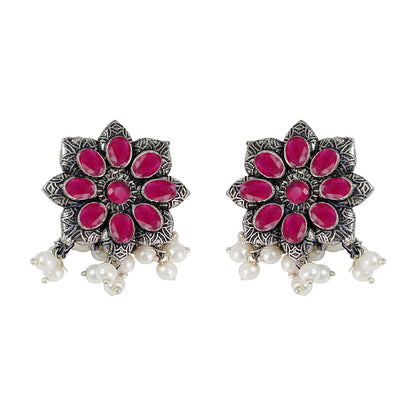 Red Stone Studded Oxidised Earrings With Hanging Pearls