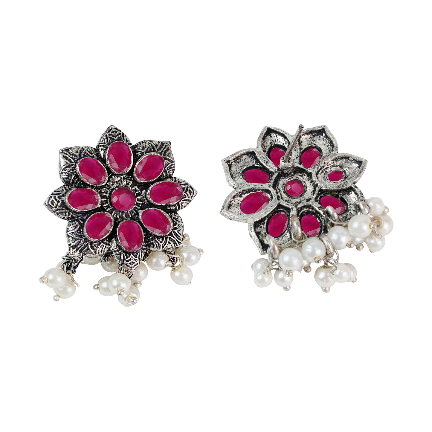 Red Stone Studded Oxidised Earrings With Hanging Pearls