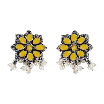 Yellow Stone Studded Oxidised Earrings With Hanging Pearls