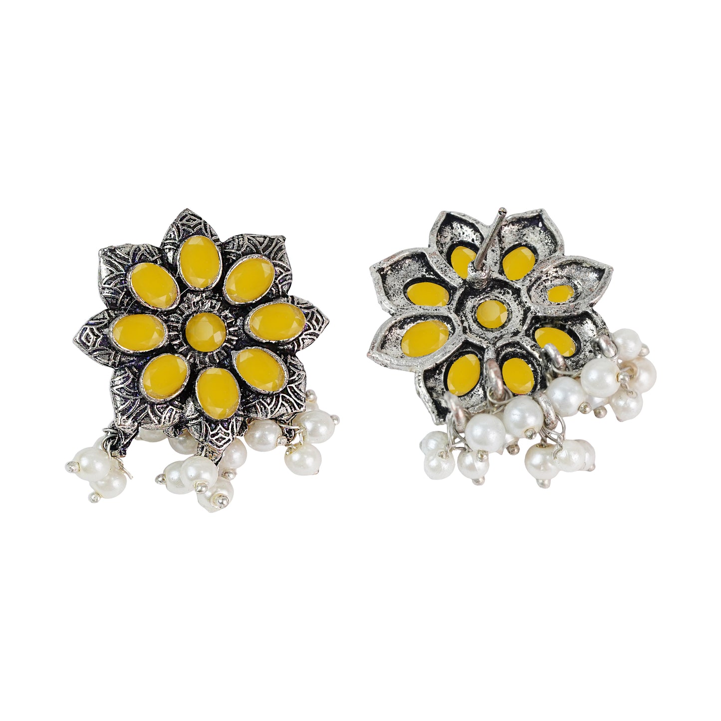 Yellow Stone Studded Oxidised Earrings With Hanging Pearls