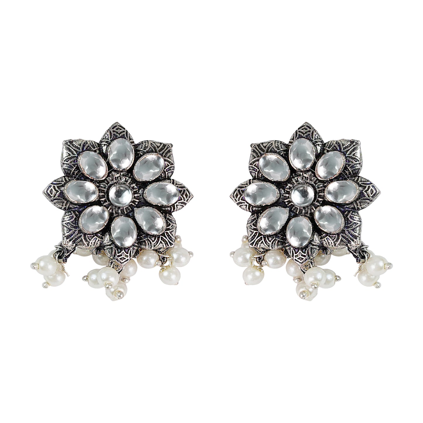 White Stone Studded Oxidised Earrings With Hanging Pearls