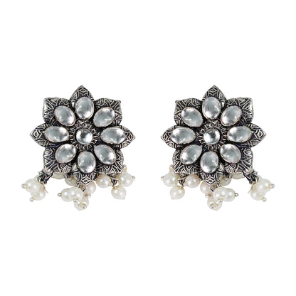 White Stone Studded Oxidised Earrings With Hanging Pearls