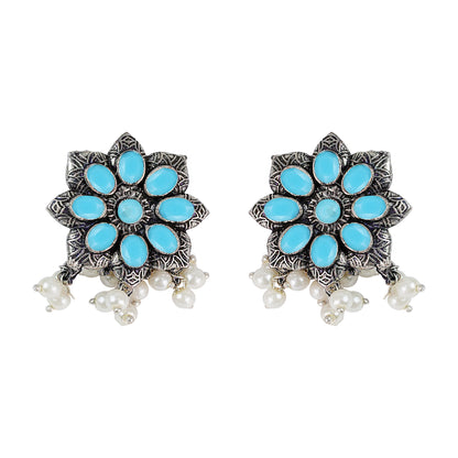Sky Blue Stone Studded Oxidised Earrings With Hanging Pearls
