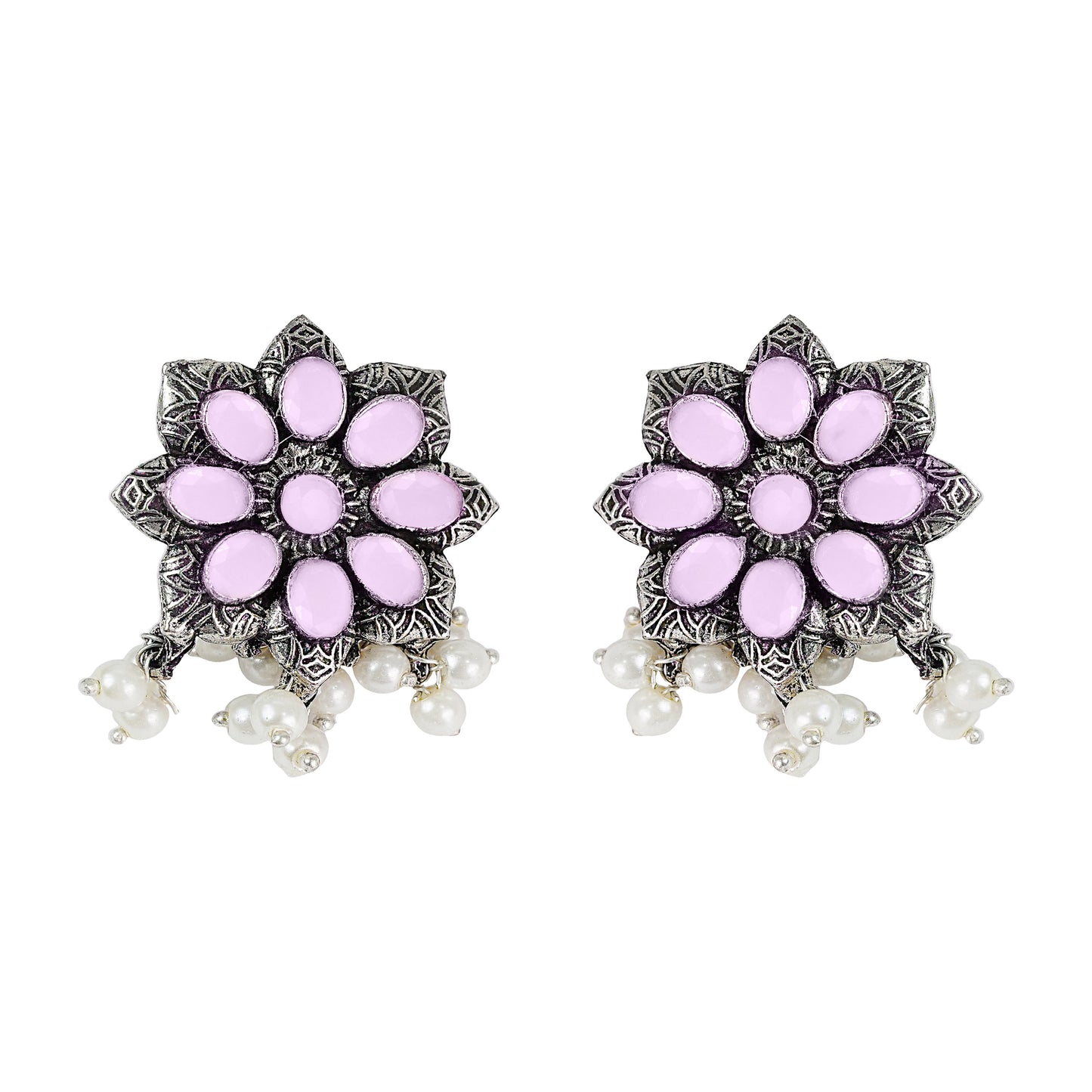 Baby Pink Stone Stone Studded Oxidised Earrings With Hanging Pearls