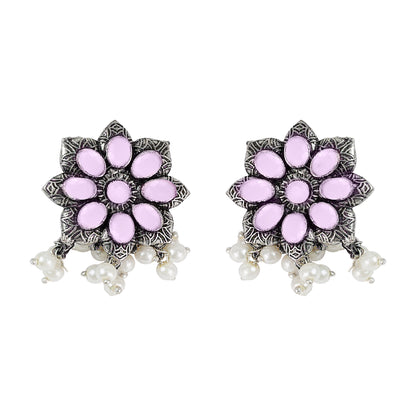 Baby Pink Stone Stone Studded Oxidised Earrings With Hanging Pearls