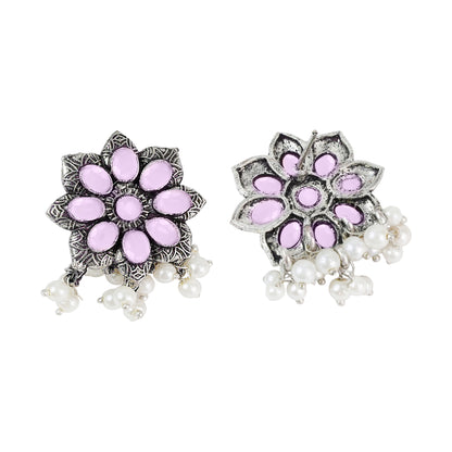 Baby Pink Stone Stone Studded Oxidised Earrings With Hanging Pearls